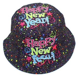 Happy New Year printed bucket hat with colorful star pattern and sun protection feature