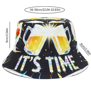Detalle de gorro de pescador de algodón con estampado de cerveza y medidas de tamaño