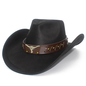 Classic black PU leather western cowboy hat with brown belt and metal bull head buckle