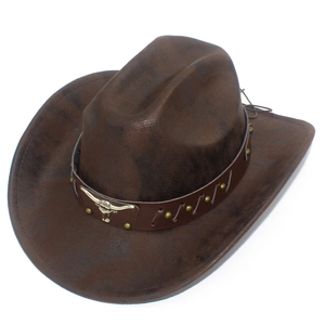 Close-up of brown western cowboy hat featuring leather band and bull head metal ornament