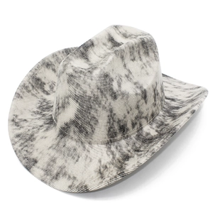 Close-up of stylish PU leather cowboy hat with black and white marble tie-dye texture