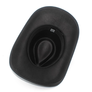 Detailed view of the internal sweatband and 100% polyester wash label on a black fedora