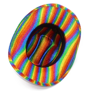 Detailed top view of rainbow striped cowboy hat showing size 57 label on inner black sweatband