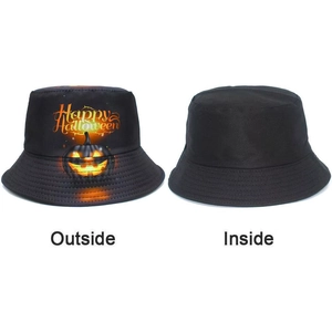 Detail of Halloween bucket hat showing outside pumpkin print and inside black lining