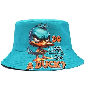 Turquoise bucket hat with angry duck cartoon print and DO i LOOK LIKE i Give A DUCK? slogan