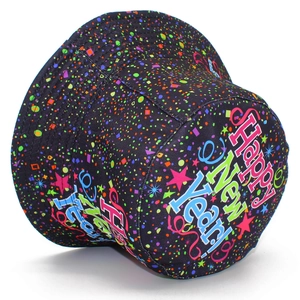 Reversible Happy New Year bucket hat featuring colorful festive print on black background