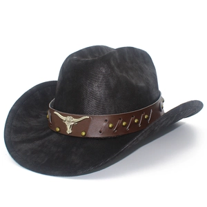 Classic black wide brim western cowboy hat featuring a leather band with bull head buckle