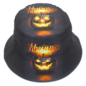 Fashionable black Halloween bucket hat with glowing pumpkin and Happy Halloween print