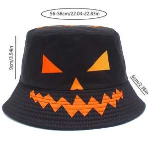 Size guide for Halloween pumpkin bucket hat showing 56-58cm circumference and 9cm depth