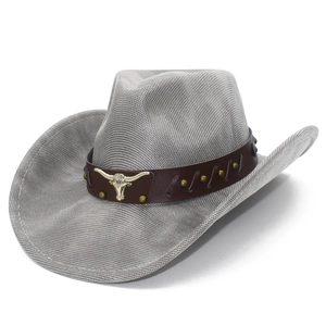 Classic gray woven cowboy hat with brown leather band and gold bull head metal ornament
