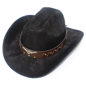 Detail of black western cowboy hat featuring a leather band with metal longhorn emblem