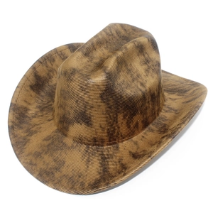 Macro view of vintage brown PU leather western cowboy hat with textured aged finish