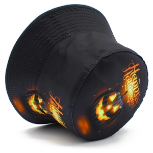 Black bucket hat with glowing Halloween pumpkin design and Happy Halloween print