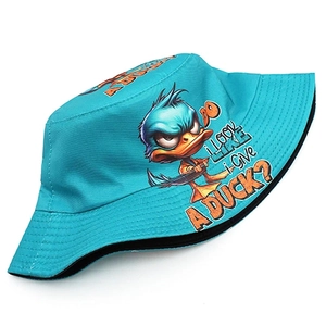Blue bucket hat featuring a funny angry duck print and cartoon slogan design