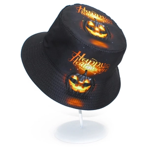 Black Happy Halloween bucket hat with orange pumpkin lanterns and stylish lettering