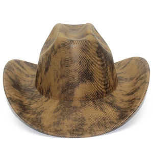 Close-up of brown corduroy cowboy hat featuring distressed texture and wide brim detail