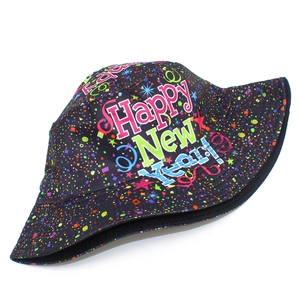 Colorful Happy New Year bucket hat with festive all-over print on black cotton fabric