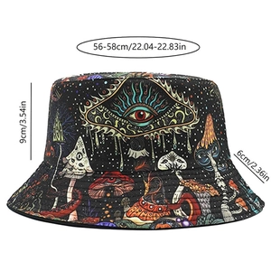 Detailed measurement guide for mushroom pattern bucket hat with brim and height dimensions