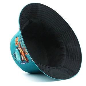 Detailed view of the cyan duck bucket hat featuring Donald print and black inner lining