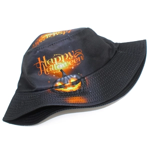 Black Halloween bucket hat featuring a glowing pumpkin print and Happy Halloween text