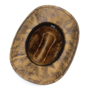 Detail view of the interior sweatband and 100% polyester label of the cowboy hat