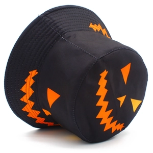 Halloween bucket hat in black with orange Jack-o'-lantern print for party costumes