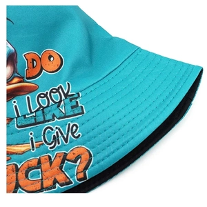 Light blue bucket hat with cartoon duck print and sarcastic quote on white background