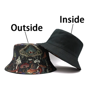 Detail of reversible bucket hat showing psychedelic print side and plain black side