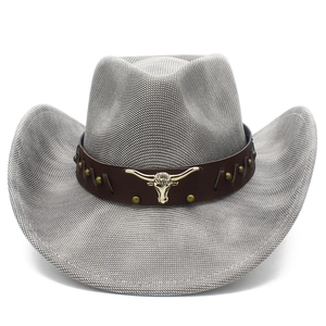 Western Cowboy Hat Retro Bull Head Emblem Leather Band Woven Wide Brim Fedora For Outdoor Travel Sun Hat Women Men