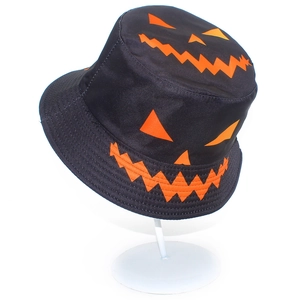 Halloween bucket hat in black with bright orange smiling pumpkin face embroidery