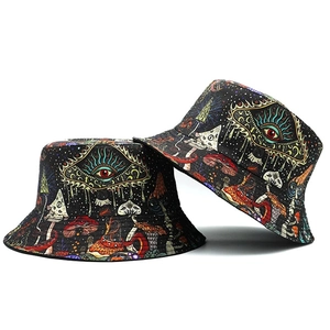 Two-pack trendy black bucket hats with psychedelic mushroom and eye patterns for sun protection
