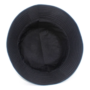 Top view of black cotton bucket hat showing reinforced stitching and interior panel details