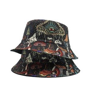 Stylish bucket hat with psychedelic mushroom and eye print for sun protection outdoor use