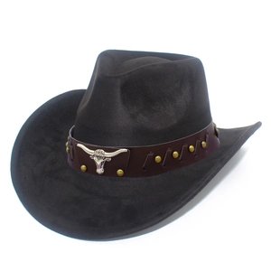 Vintage Western Cowboy Hat Suede Material Leather Band Rivets Metal Bull Head Design Outdoor Sunshade Jazz Fedora Hat