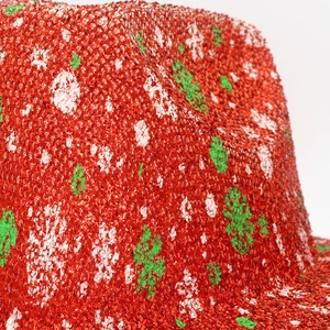 Close-up of shiny red cowboy hat with green and white sequins for Christmas party