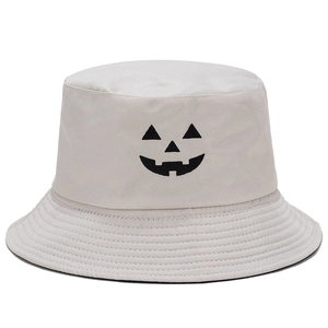 Chapeau bob unisexe en toile beige avec broderie noire de citrouille d'Halloween