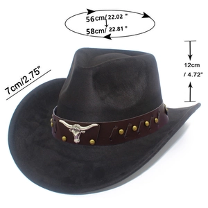 Detail of faux suede fedora with brown leather band, silver bull head, and metal studs