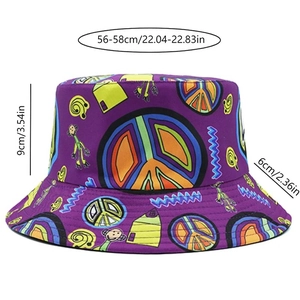 Detailed dimension chart for purple graffiti bucket hat with 56-58cm head circumference