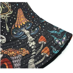 Close-up of canvas bucket hat featuring psychedelic mushroom patterns and reinforced stitching