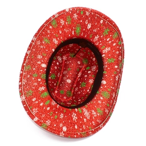 Detail view of red glitter Christmas jazz hat with snowflake patterns and inner lining