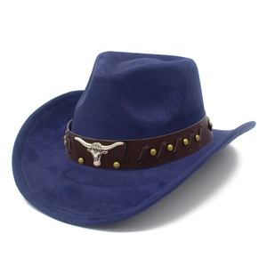 Blue faux suede cowboy hat featuring a silver bull head metal emblem and golden studs band
