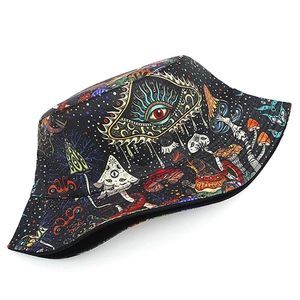 Fashionable black bucket hat with psychedelic mushroom and eye patterns for sun protection