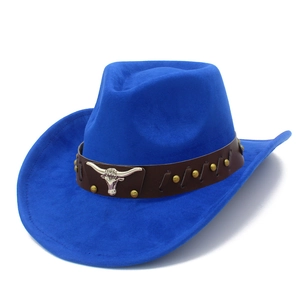 Detail of blue faux suede cowboy hat featuring leather band with silver bull logo
