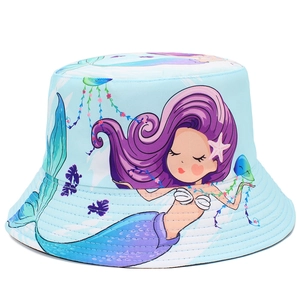 Mermaid Print Cotton Bucket Hat Double Sided Sun Protection Outdoor Travel Beach Sun Hat For Women Summer Fashion Basin Hat