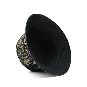 Macro detail of bucket hat featuring mystic eye patterns and premium canvas texture