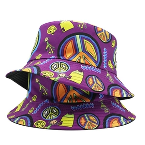 Fashionable purple bucket hat with colorful graffiti patterns for outdoor sun protection