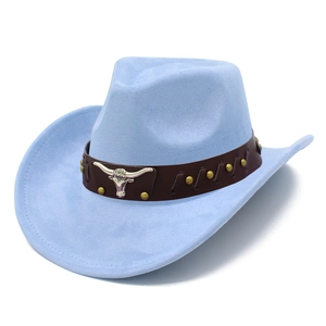 Detail of light blue faux suede cowboy hat with brown leather band and bull head emblem