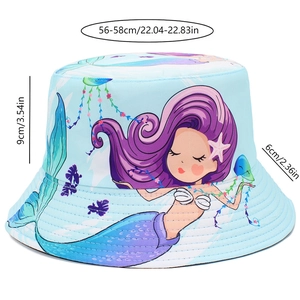 Detail view of the mermaid bucket hat showing 56-58cm size dimensions and digital print