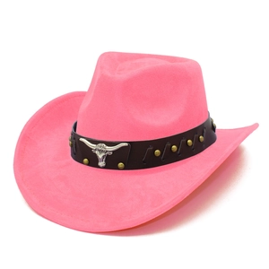 Detail of pink faux suede cowboy hat featuring brown band and silver bull head metal emblem