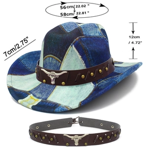Detailed view of tie-dye denim hat with vintage bull head band and size measurements